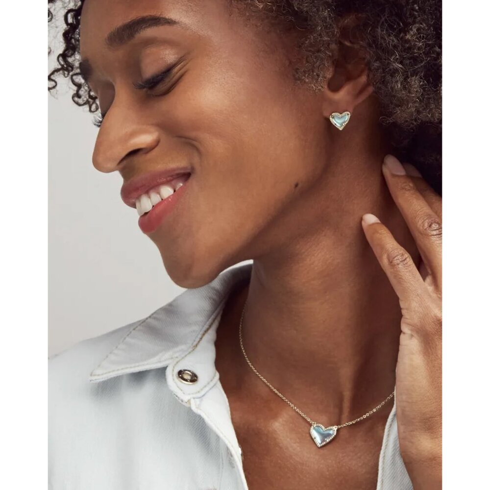 Kendra Scott *NEW Ari Heart Kyocera Opal Ocean Blue Silver SET Necklace Earrings - Picture 2 of 7